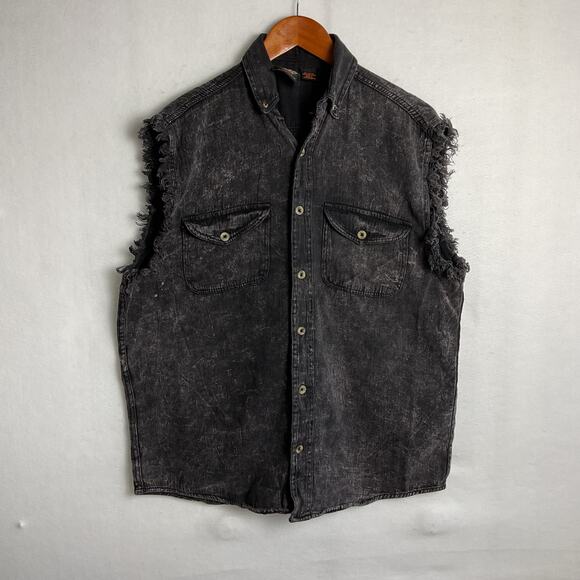 Vance Biker Wear Mens Button Up Pure Cotton Black Denim Sleevless Shirt Large - Picture 2 of 7